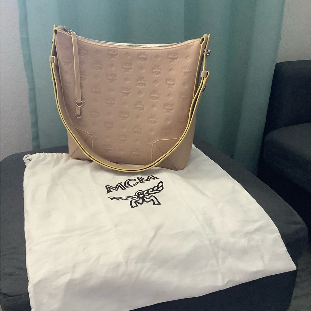 MCM Cream and Yellow Shoulder Bag with Monogram Design